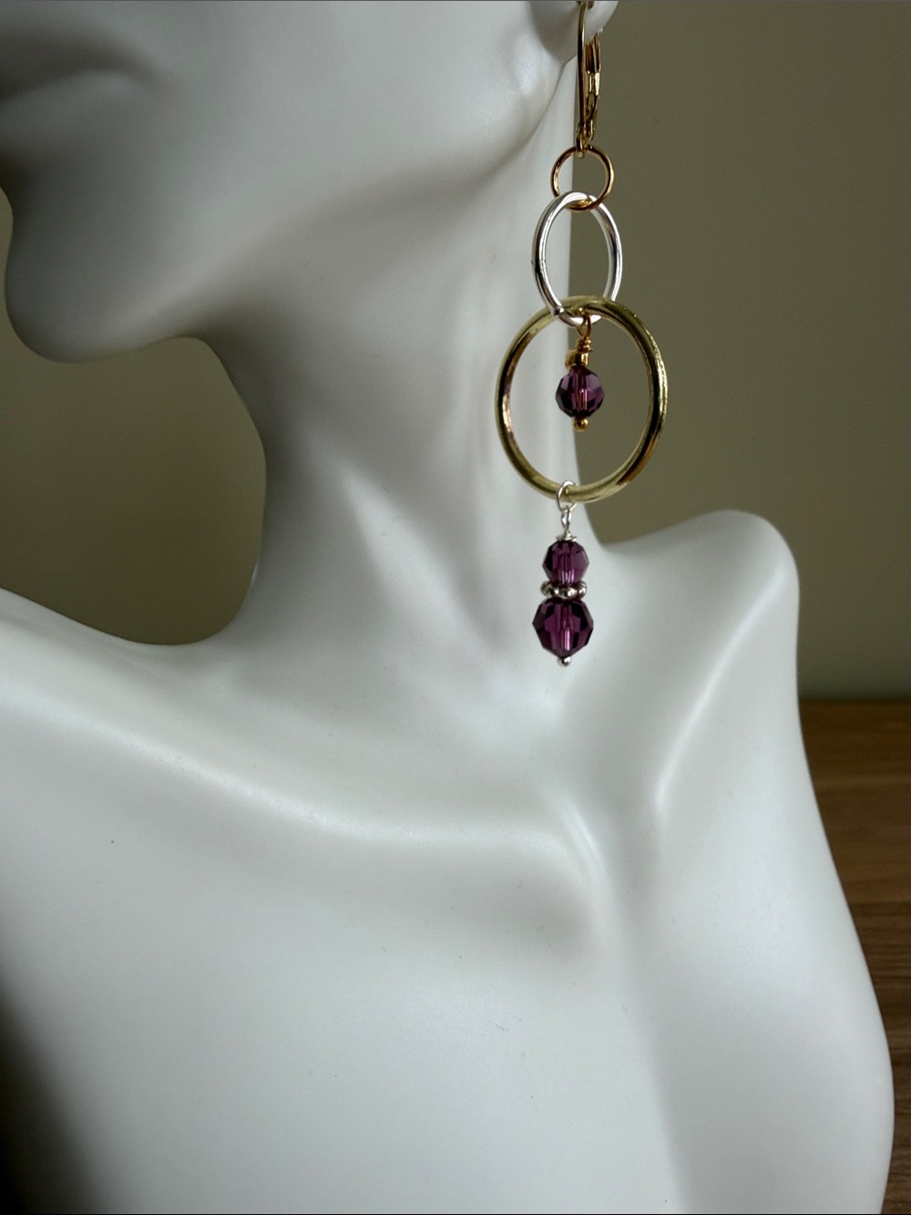 HAND CRAFTED AMETHYST SWAROVSKI CRYSTAL MIXED METAL DANGLE EARRINGS Dramatic - Picture 4 of 9